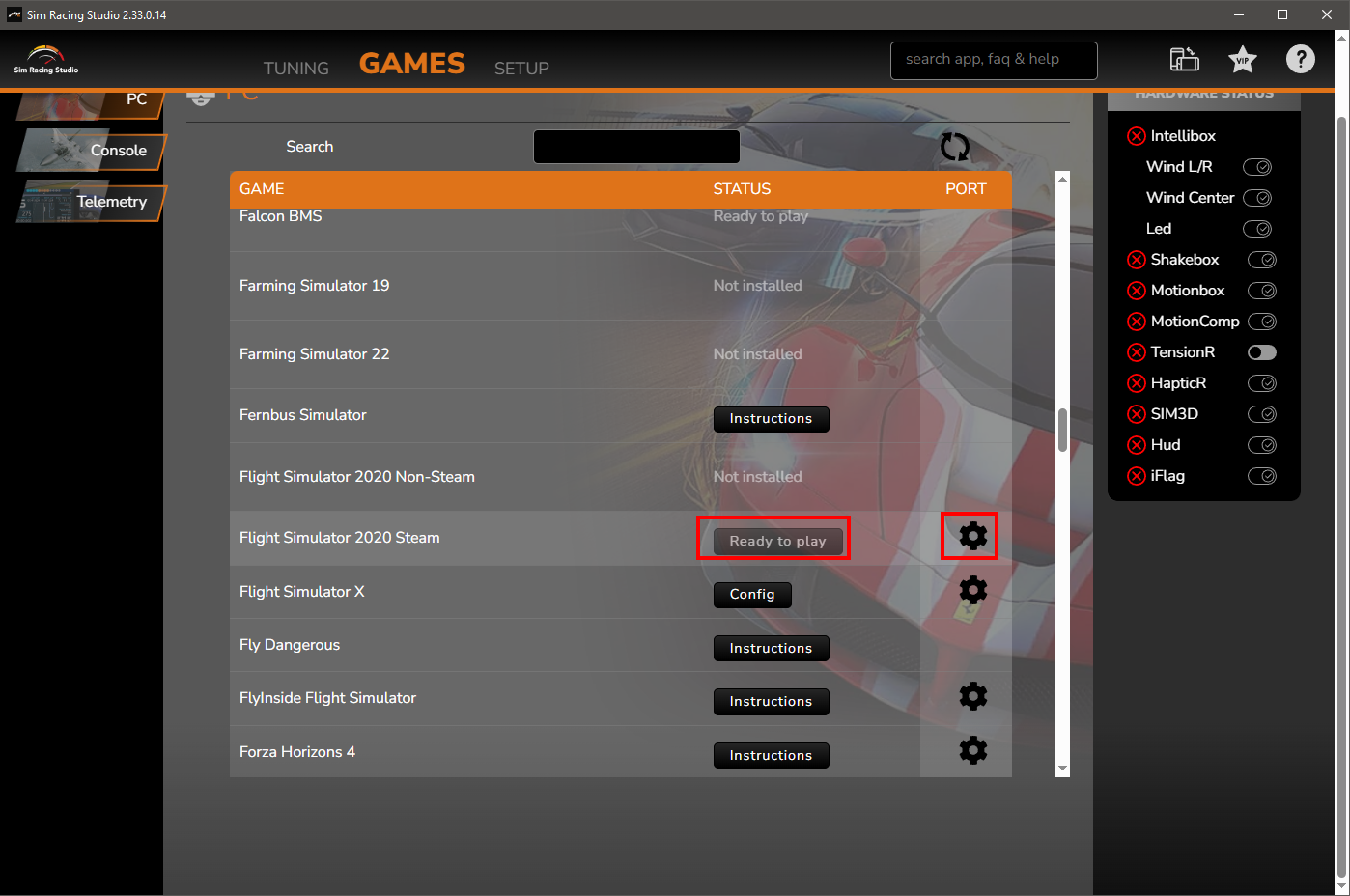 SimRacingStudio changing settings